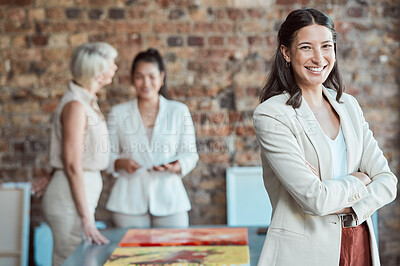 Buy stock photo Portrait of happy art gallery manager with vision and success in her startup company. Woman entrepreneur and leader with her arms crossed and smile about her leadership, management and trust at work 