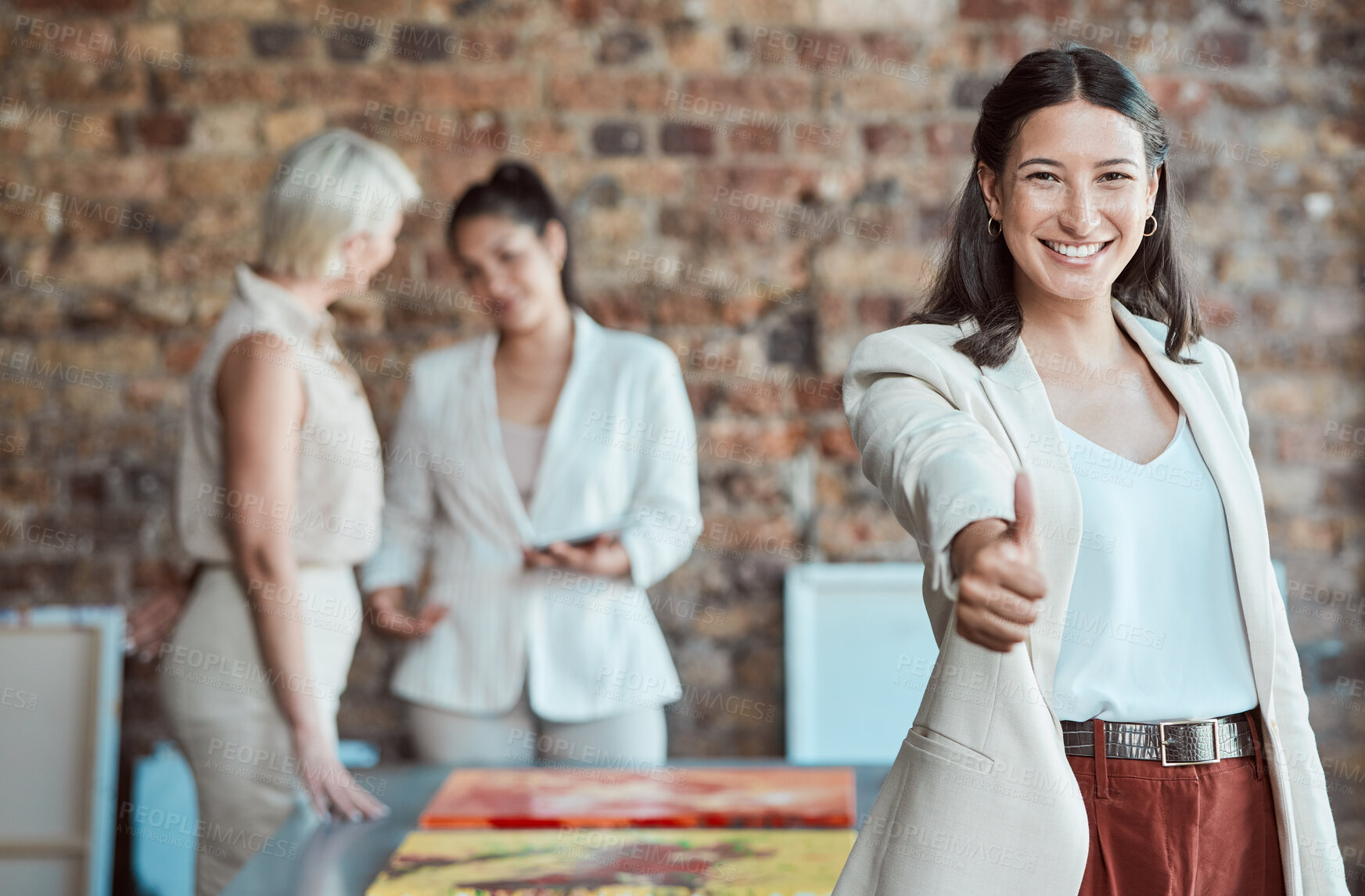Buy stock photo Business woman thumbs up for motivation, success and thank you agreement and praise. Portrait of happy, smile and excited winner, job worker and like emoji review for goal, yes vote and trust support