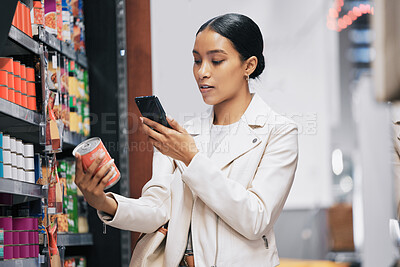 Buy stock photo Supermarket, customer and price check on smartphone to compare product cost on ecommerce app. Grocery shop inflation and increase in spending money with essential lifestyle consumables.