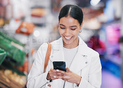Buy stock photo Supermarket, phone or woman with smile in food store doing research, ecommerce or online shopping on healthy product. Happy customer shopping for grocery retail cooking stock on sale with fintech app