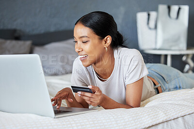 Buy stock photo Credit card, online shopping and fintech woman with laptop, payment and financial internet or web banking. Economy, finance and buying and girl ordering products on website or app on home bed. 