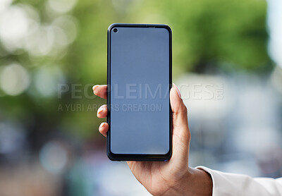 Buy stock photo Blank phone screen, mockup and marketing, advertising and mobile brand app space in urban city. Closeup hands of woman holding internet technology, social media website contact and www connect online
