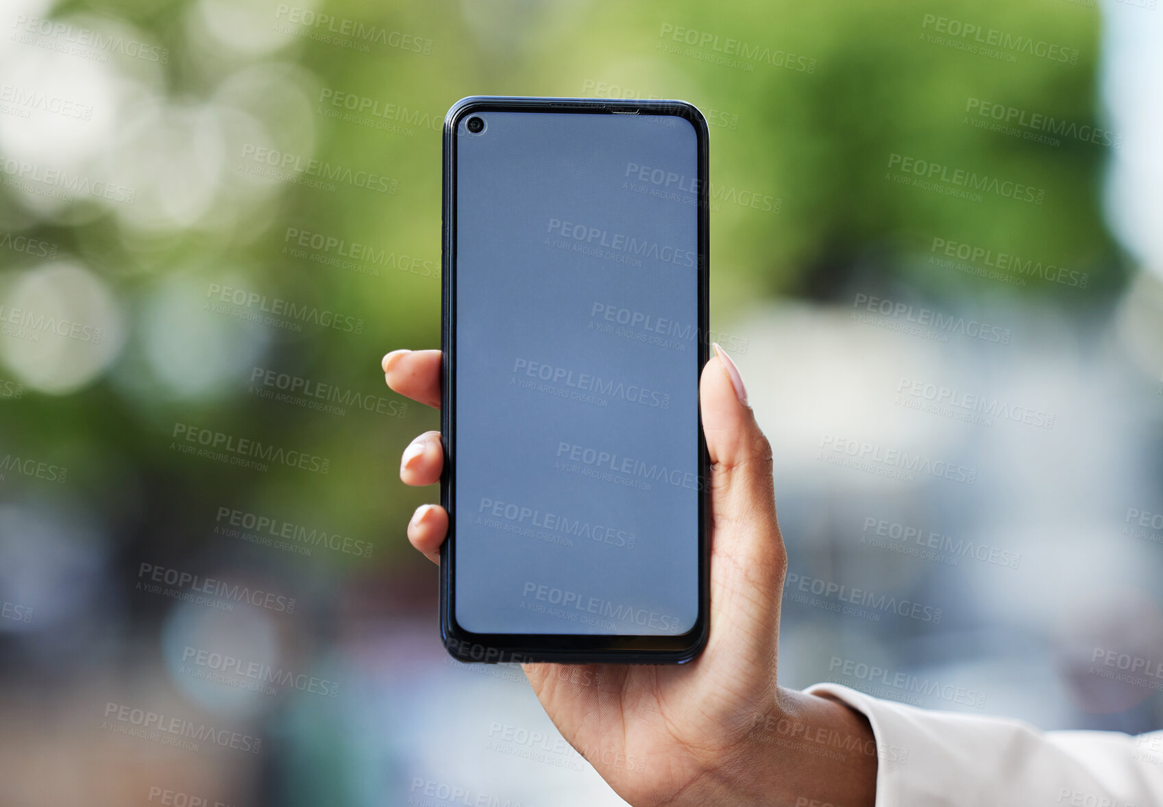 Buy stock photo Blank phone screen, mockup and marketing, advertising and mobile brand app space in urban city. Closeup hands of woman holding internet technology, social media website contact and www connect online