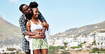 Happy couple, smile and love hug in nature enjoying summer sunshine with mock up space. Happiness of black people with a relax, peace and calm mindset loving the sun and clear sky with mockup