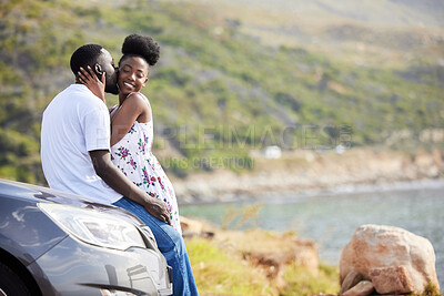 Buy stock photo Road trip couple at beach for love, happy and relax travel  summer break together at ocean outdoor. Romantic, kissing and black people on fresh date, holiday journey and quality time in joy honeymoon