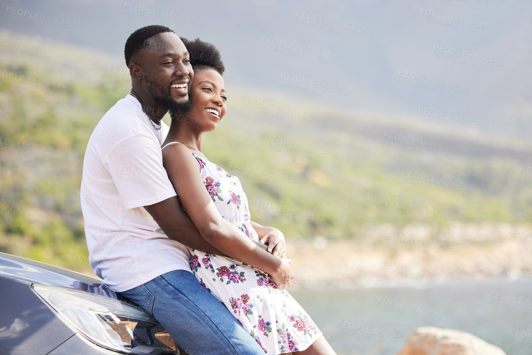 Buy stock photo Couple, love and road trip with a young man and woman on a drive during their holiday, vacation or honeymoon. Relax, freedom and view with a happy male and female together outside during summer