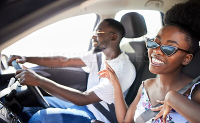 Buy stock photo Black couple, road trip or freedom in car travel on summer love holiday adventure or location vacation. Smile, happy and trust bond man or comic woman singing to dance music with energy or sunglasses