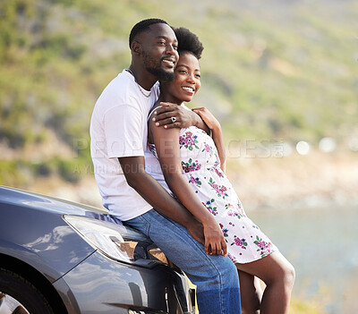 Buy stock photo Road trip couple parking with love, hug and looking at nature getaway, green natural environment or mountain roadside. Happy, romantic and dating young man and woman travel together near countryside