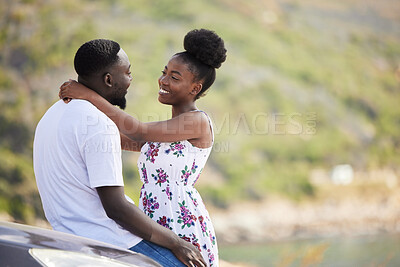 Buy stock photo African couple with smile on road trip with car, travel on summer vacation and happy on drive with transport. Happiness, smile and love man and woman giving hug at the sea during a date in spring