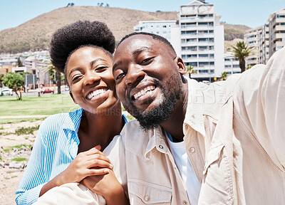 Buy stock photo Portrait, love selfie and happy black couple together in the city, street or outdoors. Romance, man and woman taking a romantic picture with happiness on a date, trip or summer holiday together.




