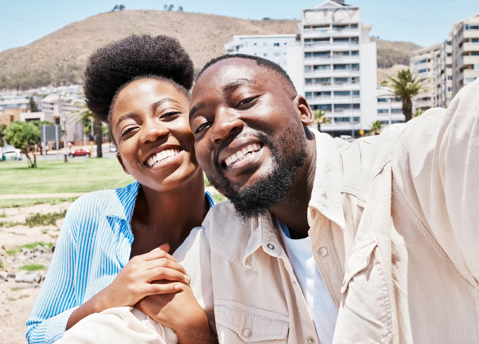 Buy stock photo Portrait, love selfie and happy black couple together in the city, street or outdoors. Romance, man and woman taking a romantic picture with happiness on a date, trip or summer holiday together.




