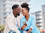 Black couple, love and happy on date, summer or vacation holiday posting on social media or browsing internet. Romance, young man and woman outdoor, looking into each others eyes and smile, caring. 