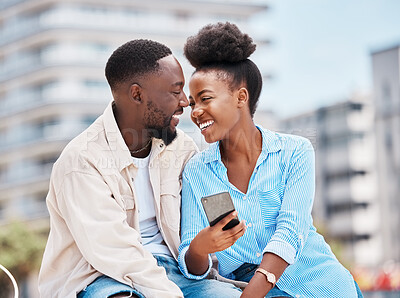 Buy stock photo Black couple, love and happy on date, summer vacation holiday posting on social media or browsing internet. Romance, young man and woman outdoor, looking into each others eyes and smile, caring. 