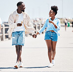 Couple ice cream, promenade summer walking and love, relax and carefree fun together outdoors. Young black people holding hands, smile partners on a date and happy romantic relationship on sunny day