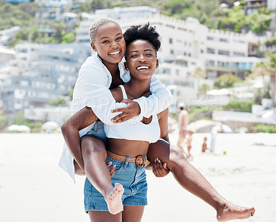 Buy stock photo Gay, lesbian and beach with a woman lgbt couple bonding together outside during summer. Romance, dating and love with a female and her girlfriend on holiday, vacation or honeymoon by the coast