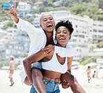 Peace hand sign at beach, happy friends and black woman by the ocean in summer together. Happy women on travel vacation by the sea in Brazil, smile and piggyback on international holiday in nature