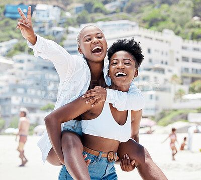 Buy stock photo Peace hand sign with friends at beach, happy black people and women by ocean in summer together. Young girls on travel vacation by sea in Brazil, smile and piggyback on international holiday