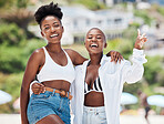 Summer holiday, gen z women in trendy fashion at an outdoor retreat, getaway or vacation location. happy portrait of black people or young friends having fun in the sun with peace sign in nature