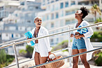 Beach, summer holiday and black women friends with bikini fashion and accessories in urban city, sunshine and smile. Young african people enjoying holiday vacation break outdoor in casual cool style