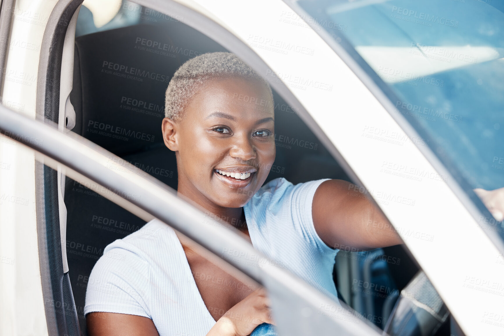 Buy stock photo Drive, car and road trip with a young woman sitting in her vehicle and driving with a smile during summer. Portrait of a happy and beautiful female in the front seat of her transport for a ride