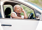 Woman driving in car for road trip, smile for freedom on travel holiday in summer and happy about transport for vacation in nature. Face portrait of free, relax and African girl with transportation