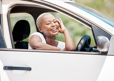 Buy stock photo Woman driving in car for road trip, smile for freedom on travel holiday in summer and happy about transport for vacation in nature. Face portrait of free, relax and African girl with transportation