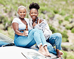 Portrait, black women and beer drinking on a car in nature on a drive, vacation or holiday. Adventure, happy African girls or friends and a smile with refreshing alcohol, cider or liquor outside.

