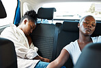 Lesbian couple sleeping in car or taxi after road trip, party and fun weekend as gay friends on vacation together. Tired African lgbt people, girls and women resting, relax and dreaming in back seat