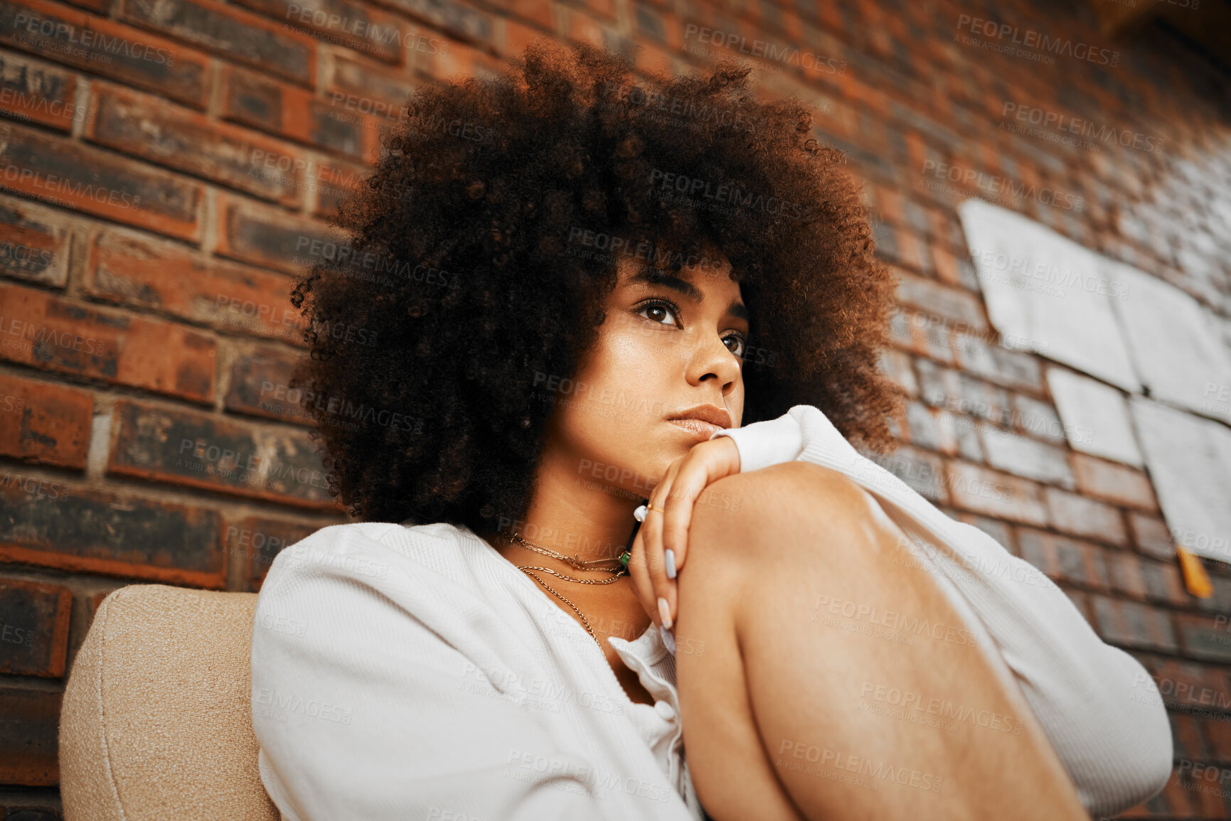 Buy stock photo Tired, depressed and sad woman thinking of divorce, depression and anxiety stress with mental health problem on sofa in home. African girl with burnout, trauma from abuse and frustrated with mistake