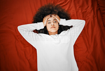 Buy stock photo Woman with headache, mental health depression and anxiety thinking about life failure, crisis and stress on red background. Above of dizzy pain, tired and sick with trauma, problem and panic attack