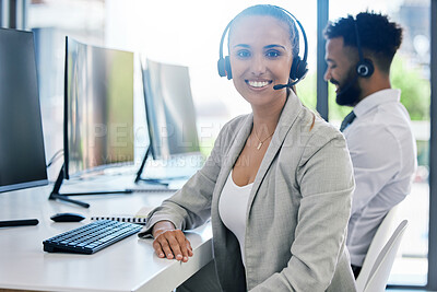 Buy stock photo Call agent, woman and portrait smile at desk in customer service consulting company office. Happy, professional and positive girl worker in telemarketing career satisfied with career choice.