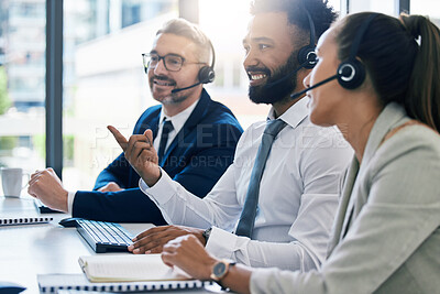 Buy stock photo Teamwork, diversity and collaboration, a team of call centre employees working together. Men, woman and customer service, contact us for help. Telemarketing, consulting and communication with a smile
