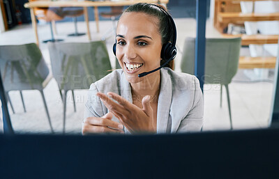 Buy stock photo Call center worker consulting on consultation online on computer, woman working in crm for telemarketing company and customer service support on internet. Happy, smile and startup consultant at work