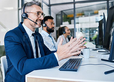 Buy stock photo Call center, customer support and contact us for our telemarketing consulting agents can help with loan advice. Consultant, communication and happy insurance service employee in a suit with a headset