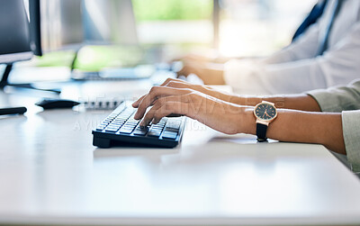 Buy stock photo Hands, keyboard and typing with a business woman working on a computer at her desk in the office. Fingers, email and report with a female employee at work on a desktop pc for compliance or tax