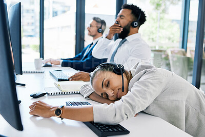 Buy stock photo Tired, sleeping in call center and team burnout while giving customer service, consulting online and working at telemarketing company. Bored, sleep and fatigue employees in crm at startup agency