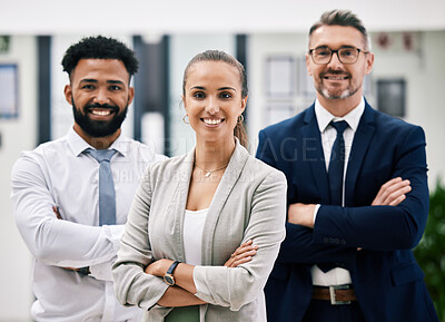 Buy stock photo Corporate teamwork, woman leader and collaboration of successful, smile and company vision in office. Portrait of diversity business people, proud management and smile professional in unity together