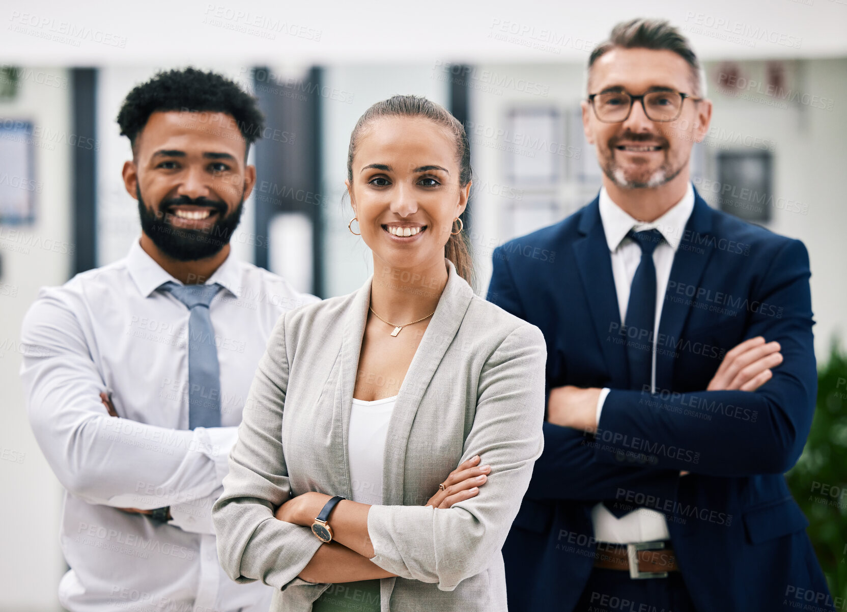 Buy stock photo Corporate teamwork, woman leader and collaboration of successful, smile and company vision in office. Portrait of diversity business people, proud management and smile professional in unity together