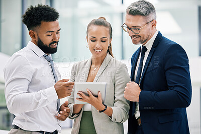 Buy stock photo Excited team collaboration on a digital tablet with business partner in a corporate office, planning and sharing a goal. Diverse colleagues happy with online project development, working on an idea