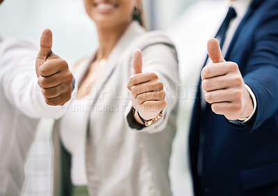 Buy stock photo Thumbs up for corporate success, support with hand sign for business collaboration and thank you for partnership in work office. Team trust, employee motivation and diversity at startup company