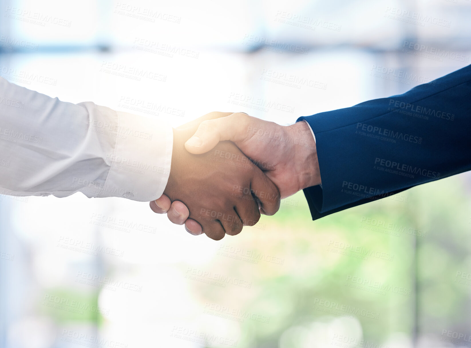 Buy stock photo Diversity, B2B partnership handshake and business people for collaboration, company onboarding or teamwork innovation bokeh and lens flare. Corporate men shaking hand in deal, solidarity or thank you