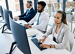 Diversity, call center and customer support team or people with telemarketing, contact us and consulting worker working. Consultant, communication and happy insurance service employee with headset.