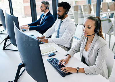 Buy stock photo Diversity, call center and customer support team or people with telemarketing, contact us and consulting worker working. Consultant, communication and happy insurance service employee with headset.