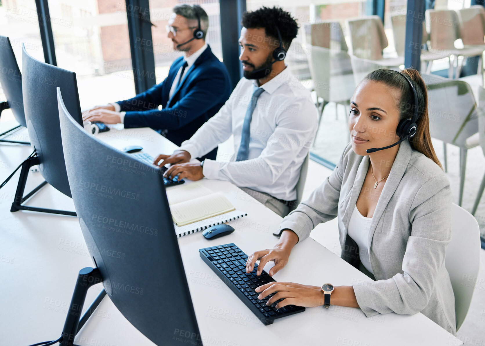 Buy stock photo Diversity, call center and customer support team or people with telemarketing, contact us and consulting worker working. Consultant, communication and happy insurance service employee with headset.