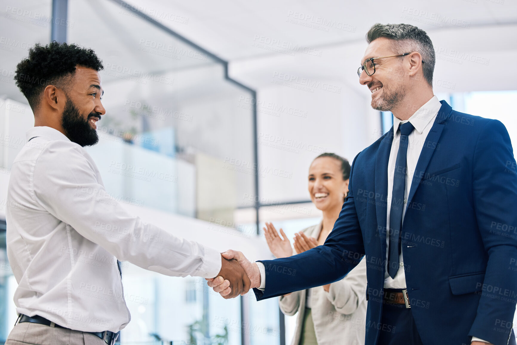 Buy stock photo B2b, partnership and handshake deal with business team celebrating a startup goal. Teamwork, strategy and collaboration success with excited investor sharing vision and mission during integration