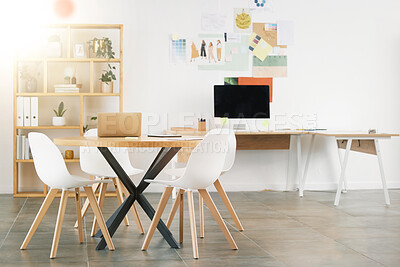 Buy stock photo Office interior design, workspace building and desk table with wood chairs. Industrial professional room, concrete floor and white wall paint. Idea style storyboard, modern computer and empty decor