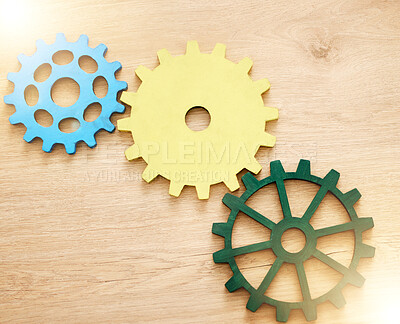 Buy stock photo Settings gear icon, abstract and illustration of cog wheel against a wooden background. Innovation, development and mechanical logo. Setup, engine and symbol for ideas with copy space mockup