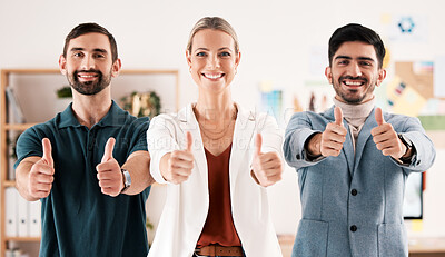 Buy stock photo Teamwork thumbs up, business motivation and success, support and yes vote for goal, winning and praise in office. Portrait of happy, smile and excited collaboration as yes emoji, agreement and thanks