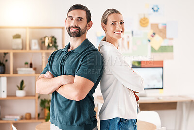 Buy stock photo Teamwork, collaboration and mission with a team working together with a vision of growth in their office at work. Business people standing back to back with arms crossed in their modern workplace