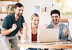 Office, laptop and team with excited fist about successful news for career deal or reward for company. Victory, happiness and celebration about job update with cheerful corporate colleagues.